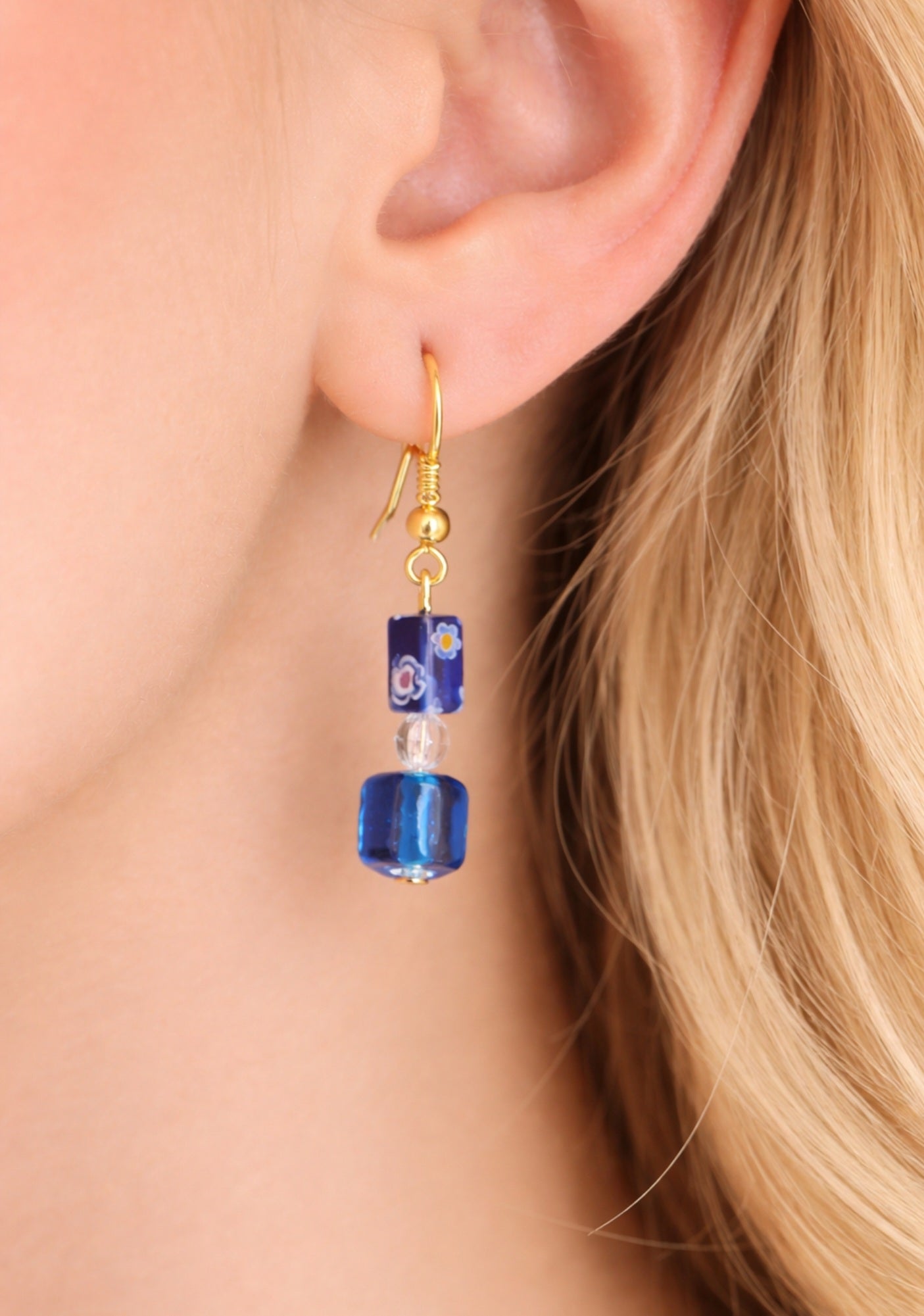 Midnight Bloom Handmade Blue Millefiori Dangle Earrings | Cobalt Glass Flower Drop Earrings Gold Tone