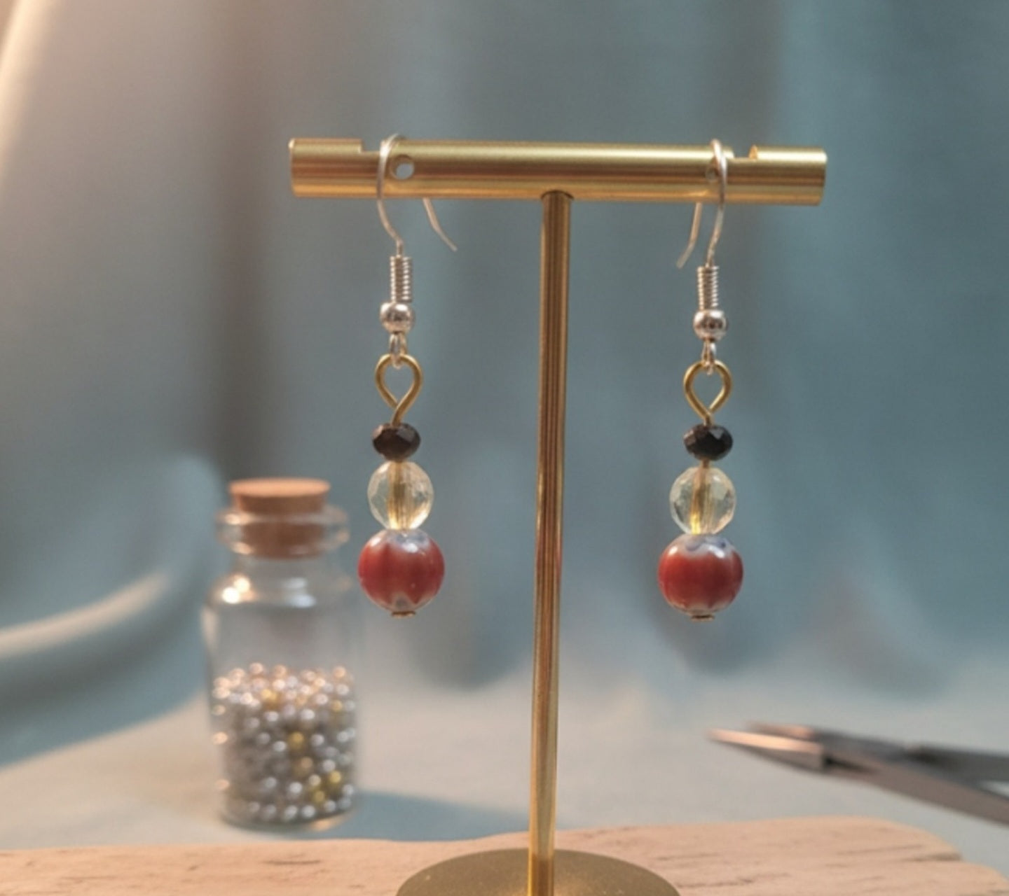 Handmade Ceramic & Crystal Dangle Earrings | Vintage Style Red & Blue Cloisonné Style Drop Earrings Gold Tone