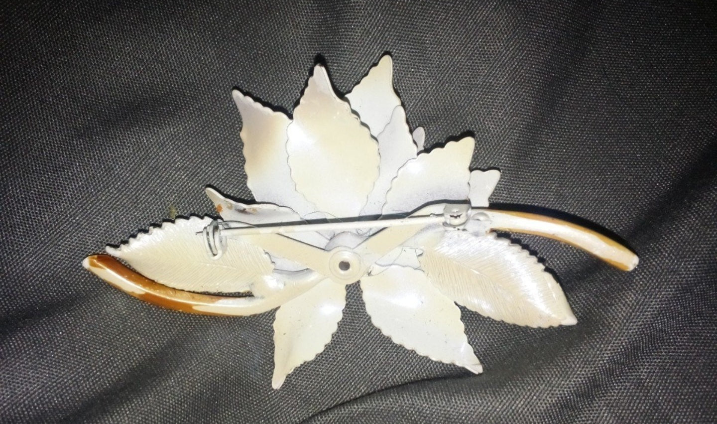 Vintage Elegant Lotus Flower Brooch | Iridescent White Enamel Statement Pin Gold Tone