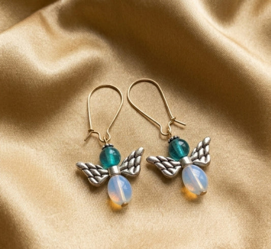 Handmade Opalite Angel Wing Dangle Earrings | Vintage Style Teal Bead Guardian Angel Drop Earrings