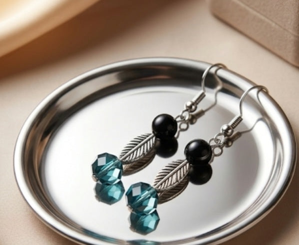 Enchanted Forest Teal Crystal & Silver Leaf Dangle Earrings
