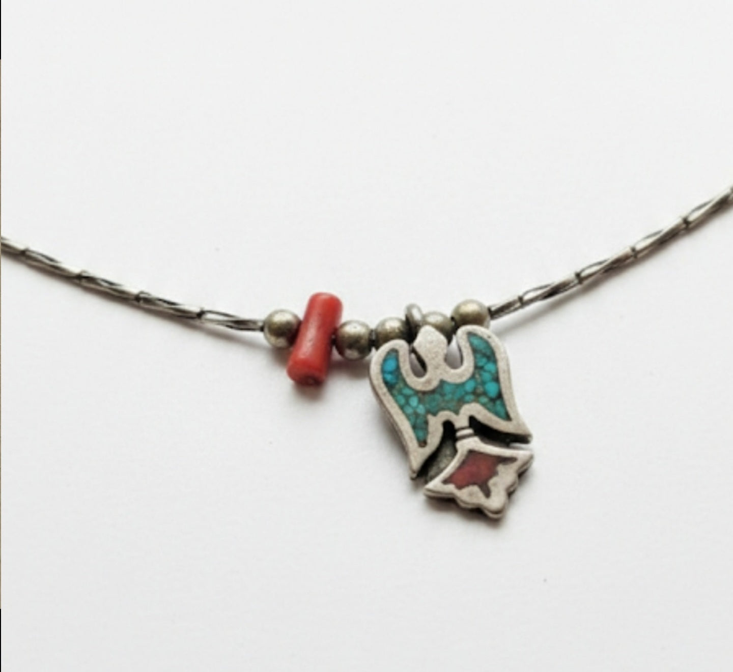 Vintage Southwestern Liquid Silver Thunderbird Necklace | Turquoise Inlay & Coral Bead Choker Magnetic Clasp