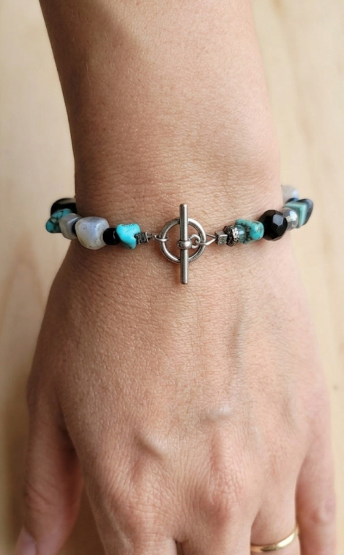 Natural Turquoise, Moonstone & Black Onyx Beaded Bracelet | Silver Toggle Clasp Artisan Gemstone Bracelet