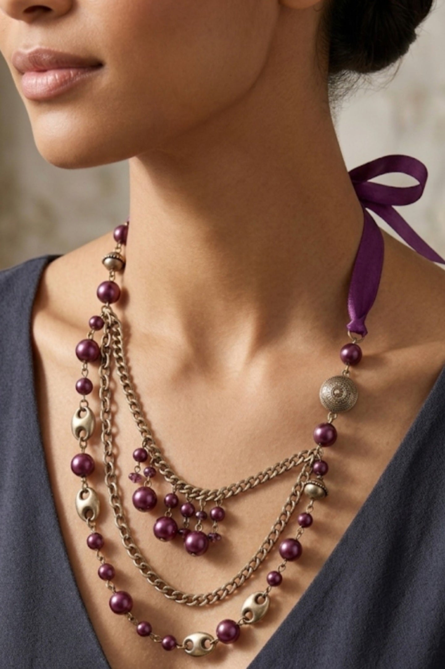 Vintage Victorian Style Multi-Strand Layered Statement Necklace | Plum Purple Faux Pearl, Bronze Chain & Satin Ribbon Choker
