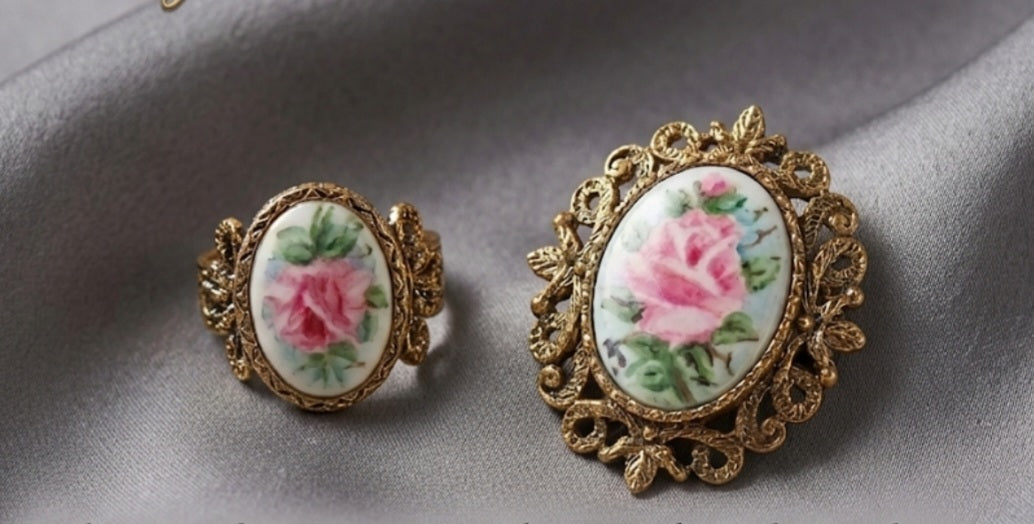 The English Rose Cameo Collection: Matching Porcelain Ring and Brooch Set in Scalloped Gold-Tone Frames"