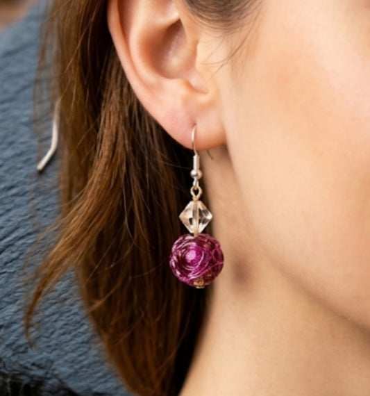 Artisan Magenta Woven Fiber Glass Bead Dangle Earrings with Crystal Accent