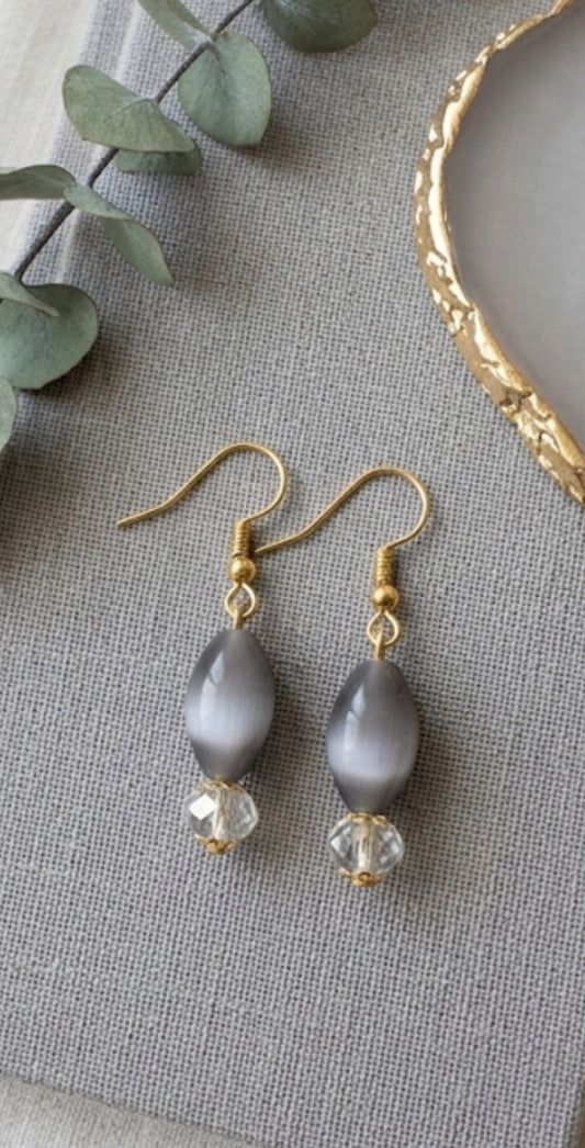 Midnight Moonstone Grey Cat's Eye Dangle Earrings