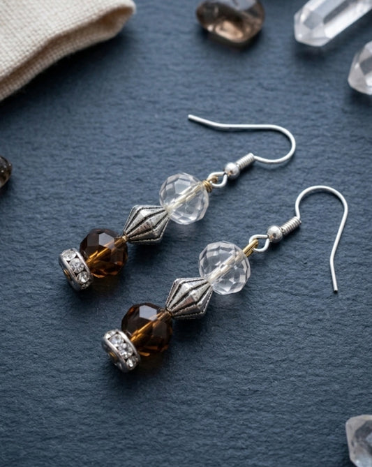 Smokey Quartz & Clear Crystal Vintage-Style Dangle Earrings