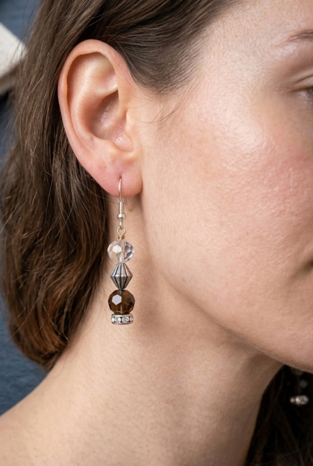 Smokey Quartz & Clear Crystal Vintage-Style Dangle Earrings