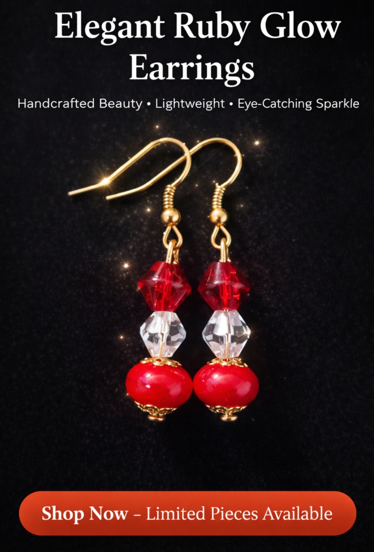Elegant Ruby Glow Handmade Dangle Earrings | Radiant Red Crystal & Gold Drop Earrings
