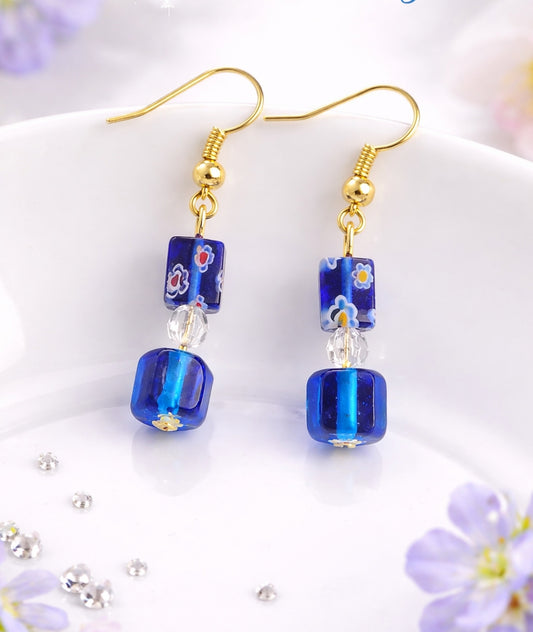 Midnight Bloom Handmade Blue Millefiori Dangle Earrings | Cobalt Glass Flower Drop Earrings Gold Tone