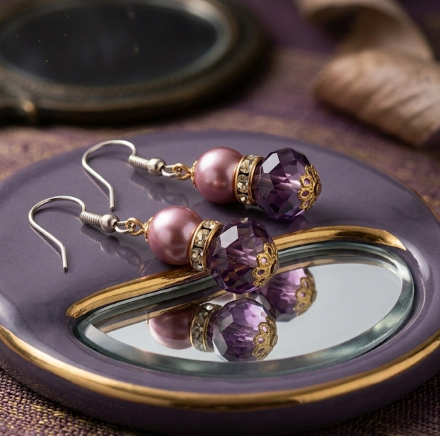 Handmade Amethyst Crystal & Mauve Pearl Dangle Earrings | Vintage Style Purple Drop Earrings Silver Tone