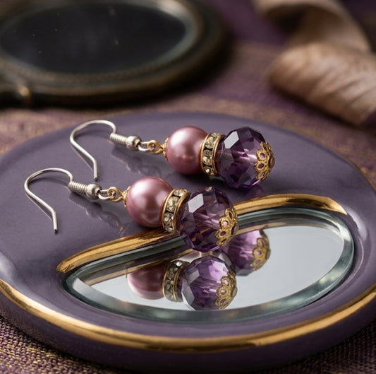 Handmade Amethyst Crystal & Mauve Pearl Dangle Earrings | Vintage Style Purple Drop Earrings Silver Tone