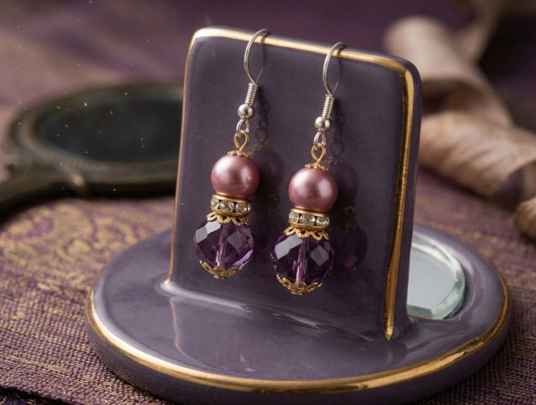 Handmade Amethyst Crystal & Mauve Pearl Dangle Earrings | Vintage Style Purple Drop Earrings Silver Tone