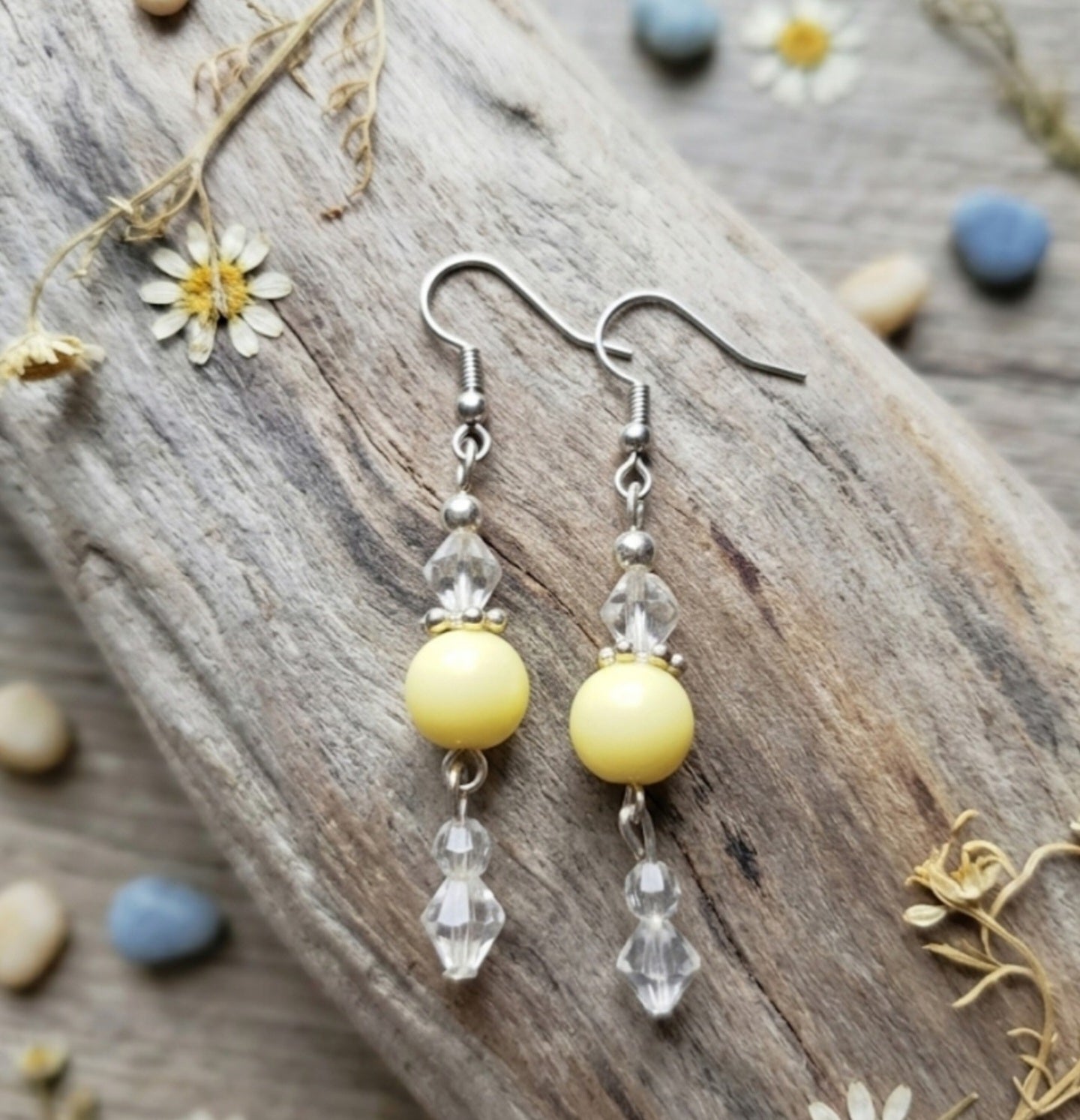 Handmade Pastel Yellow & Crystal Dangle Earrings | Cottagecore Soft Yellow Drop Earrings Silver Tone