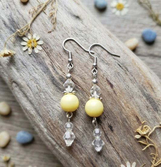 Handmade Pastel Yellow & Crystal Dangle Earrings | Cottagecore Soft Yellow Drop Earrings Silver Tone