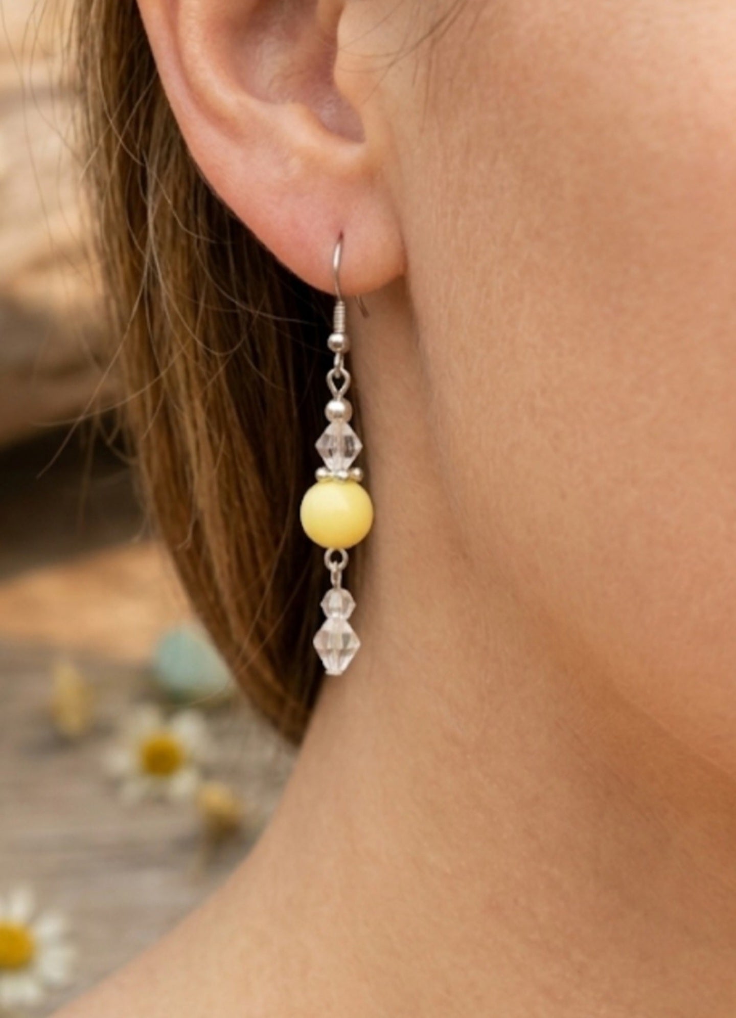 Handmade Pastel Yellow & Crystal Dangle Earrings | Cottagecore Soft Yellow Drop Earrings Silver Tone