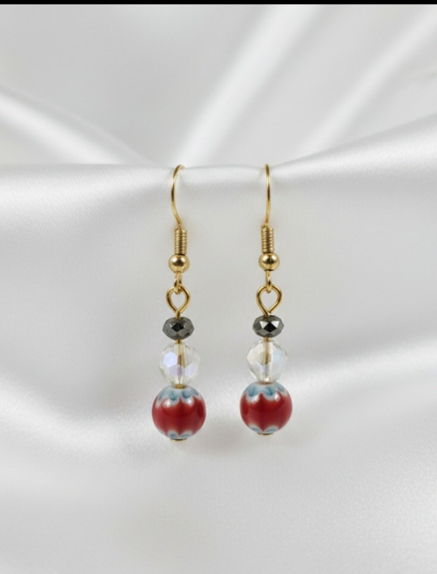 Handmade Ceramic & Crystal Dangle Earrings | Vintage Style Red & Blue Cloisonné Style Drop Earrings Gold Tone