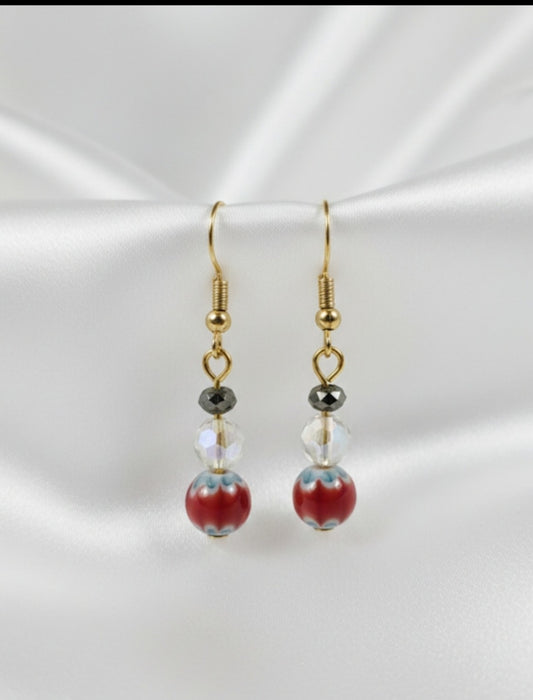 Handmade Ceramic & Crystal Dangle Earrings | Vintage Style Red & Blue Cloisonné Style Drop Earrings Gold Tone