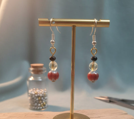 Handmade Ceramic & Crystal Dangle Earrings | Vintage Style Red & Blue Cloisonné Style Drop Earrings Gold Tone