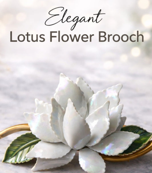 Vintage Elegant Lotus Flower Brooch | Iridescent White Enamel Statement Pin Gold Tone