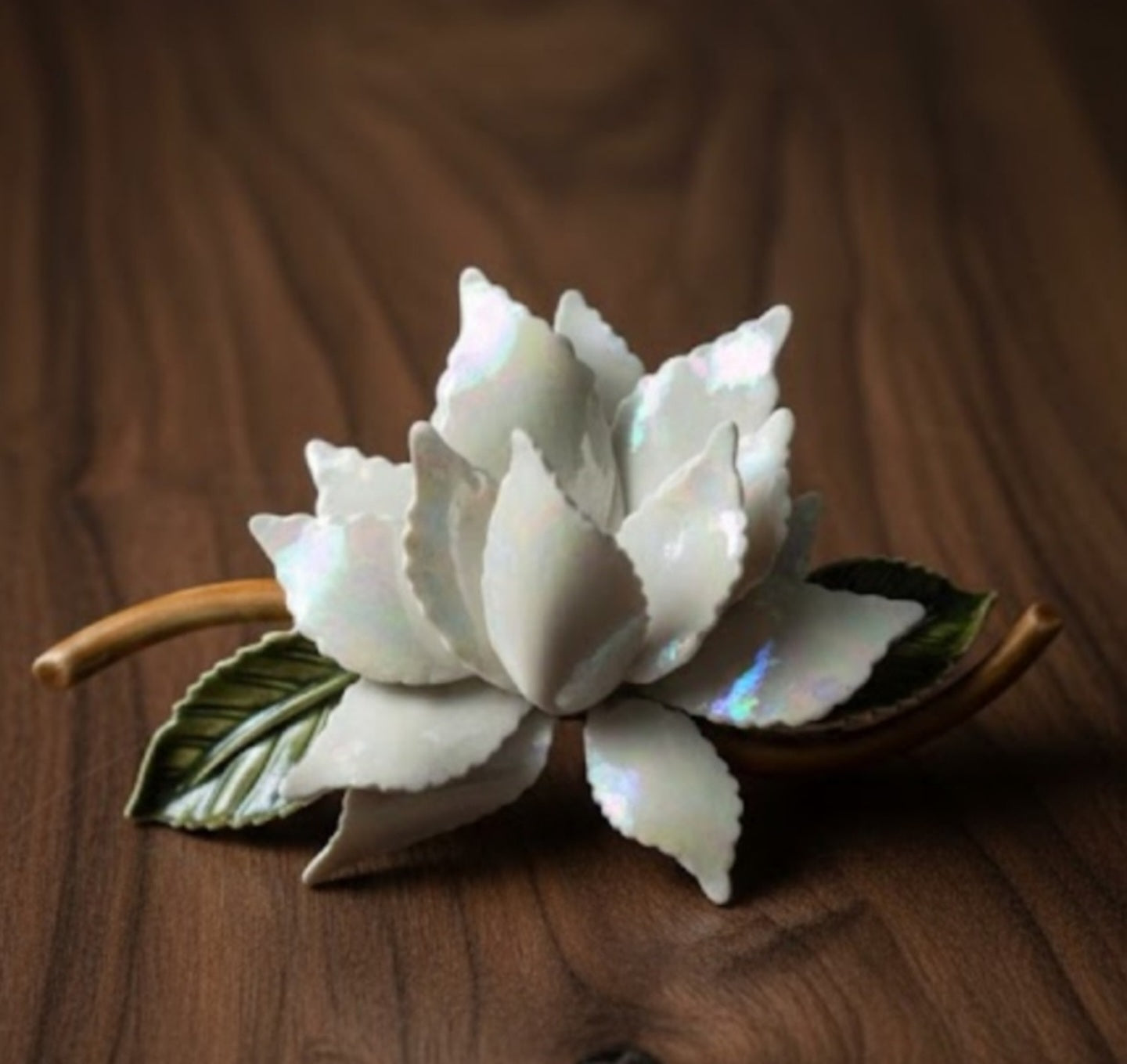 Vintage Elegant Lotus Flower Brooch | Iridescent White Enamel Statement Pin Gold Tone