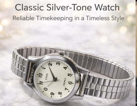 Classic Silver-Tone Expansion Band Watch | Easy Read White Dial Wristwatch - Normal Wear