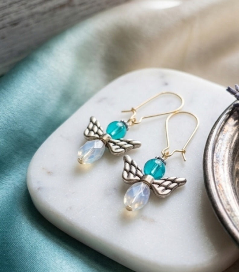 Handmade Opalite Angel Wing Dangle Earrings | Vintage Style Teal Bead Guardian Angel Drop Earrings