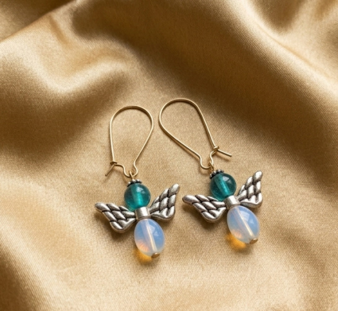 Handmade Opalite Angel Wing Dangle Earrings | Vintage Style Teal Bead Guardian Angel Drop Earrings