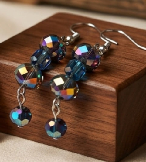 Handmade Iridescent Crystal Dangle Earrings | Shimmering Blue & Purple Aurora Borealis Drop Earrings