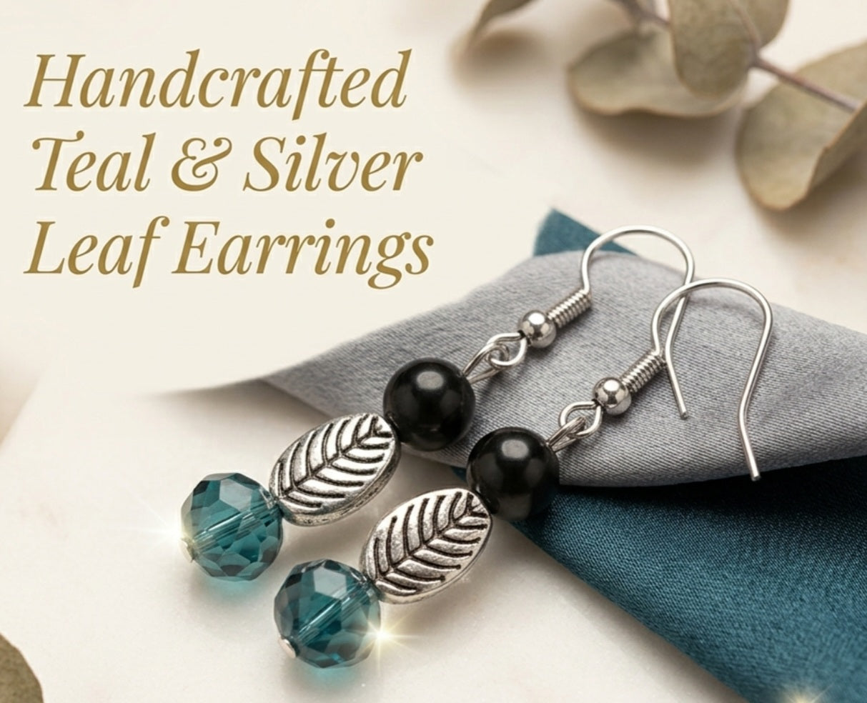 Enchanted Forest Teal Crystal & Silver Leaf Dangle Earrings