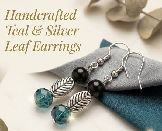 Enchanted Forest Teal Crystal & Silver Leaf Dangle Earrings
