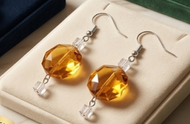 Golden Hour Faceted Amber & Clear Cube Drop Earrings