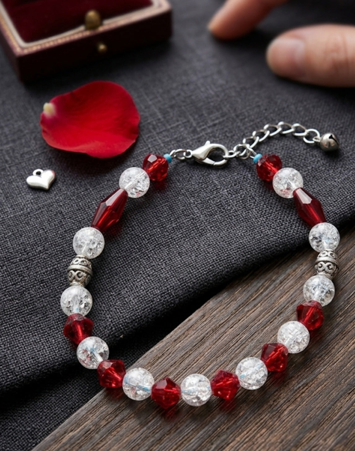 Crimson Ember & Iced Crackle Glass Beaded Charm Bracelet