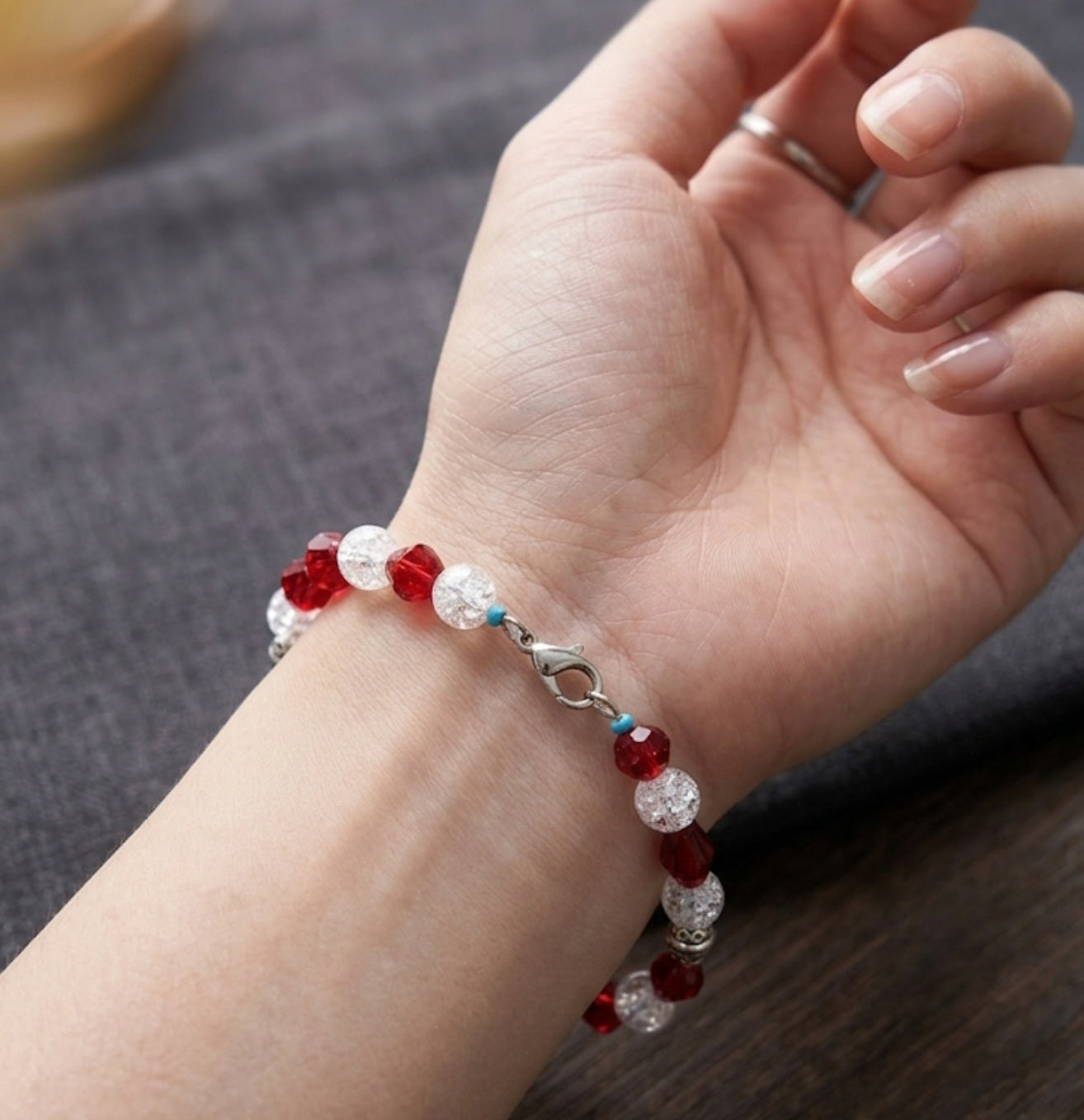 Crimson Ember & Iced Crackle Glass Beaded Charm Bracelet