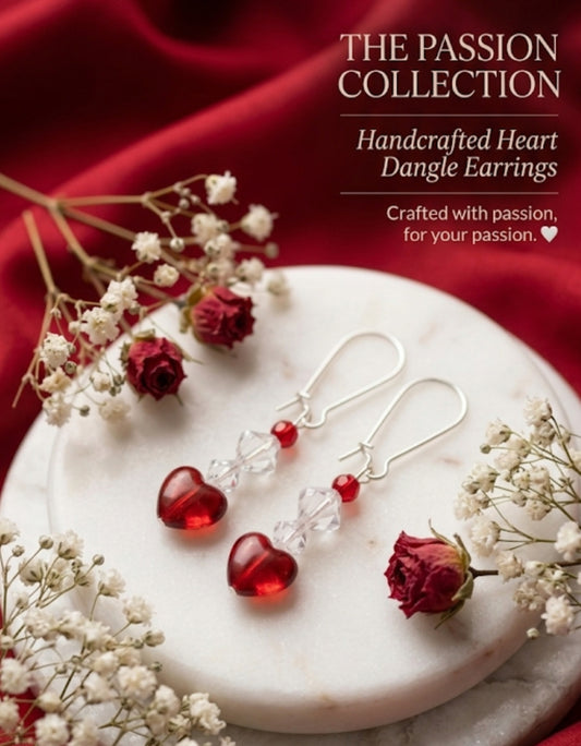 Red Glass Heart Dangle Earrings | Romantic Crystal Valentine Drop Earrings - Passion Collection