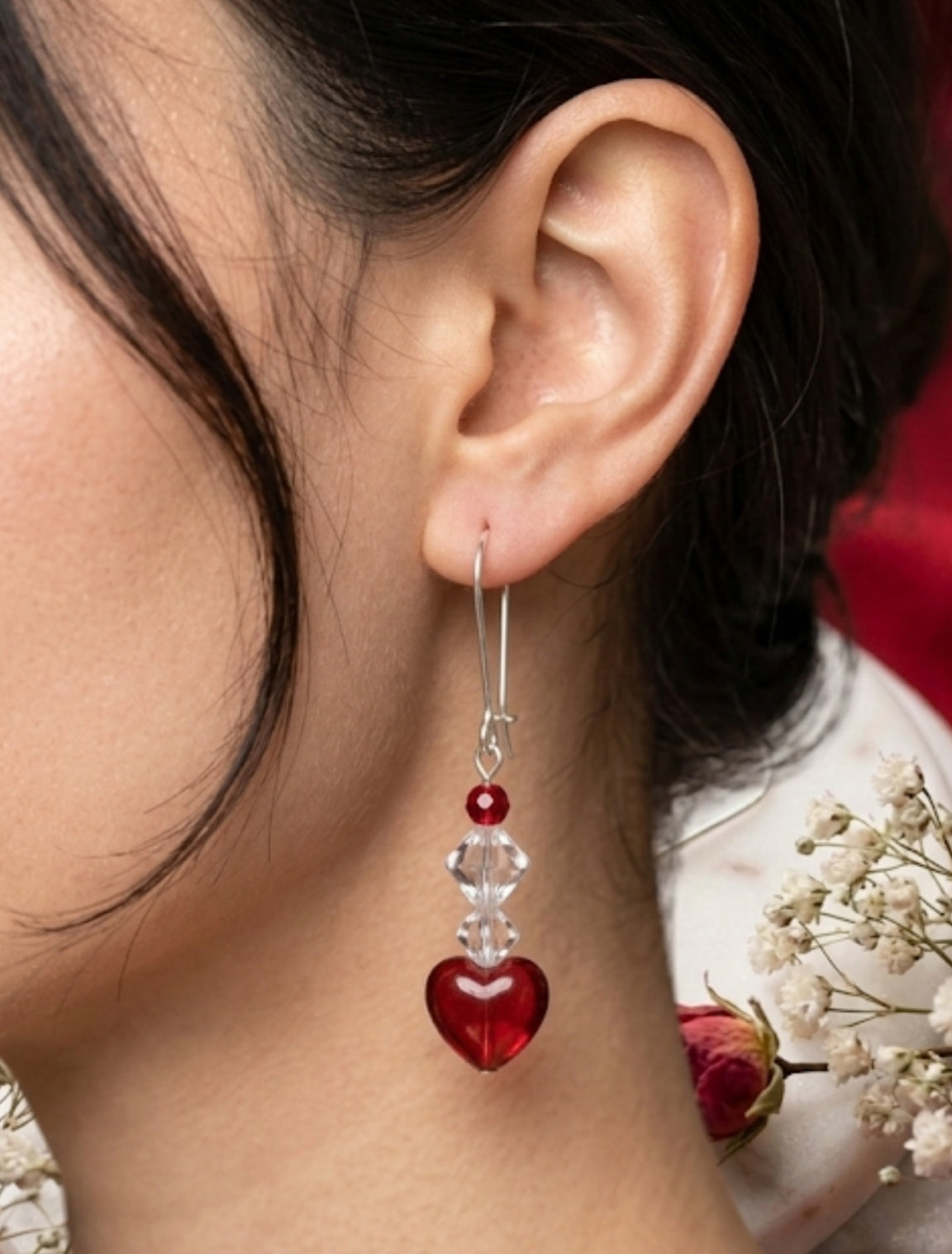 Red Glass Heart Dangle Earrings | Romantic Crystal Valentine Drop Earrings - Passion Collection