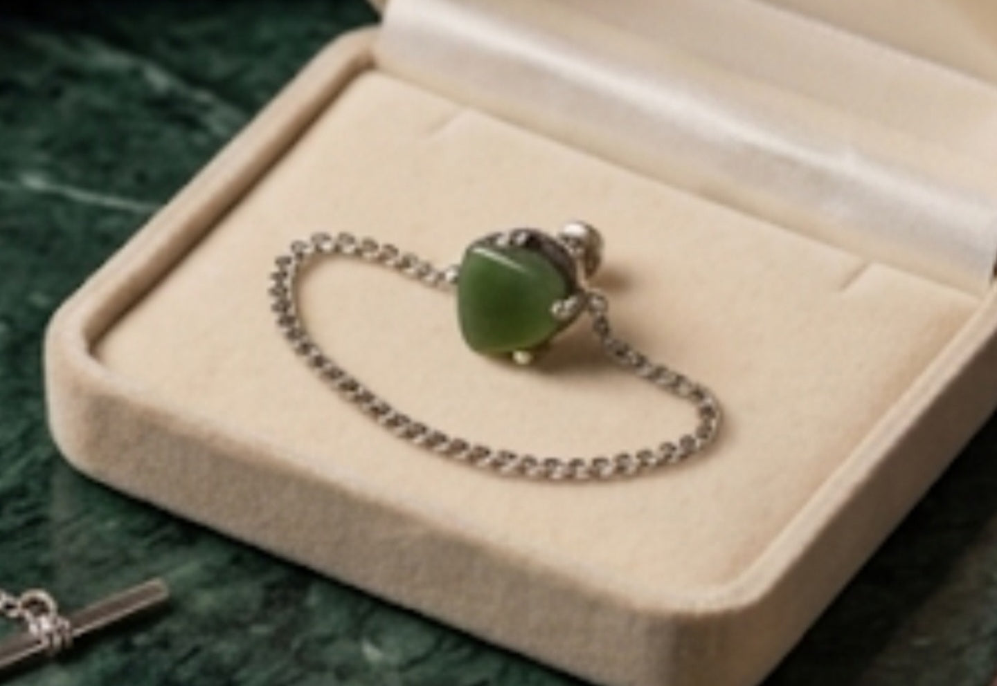 Vintage Natural Jade Tie Tack Pin | Silver-Tone Irregular Green Jadeite Lapel Pin with Safety Chain