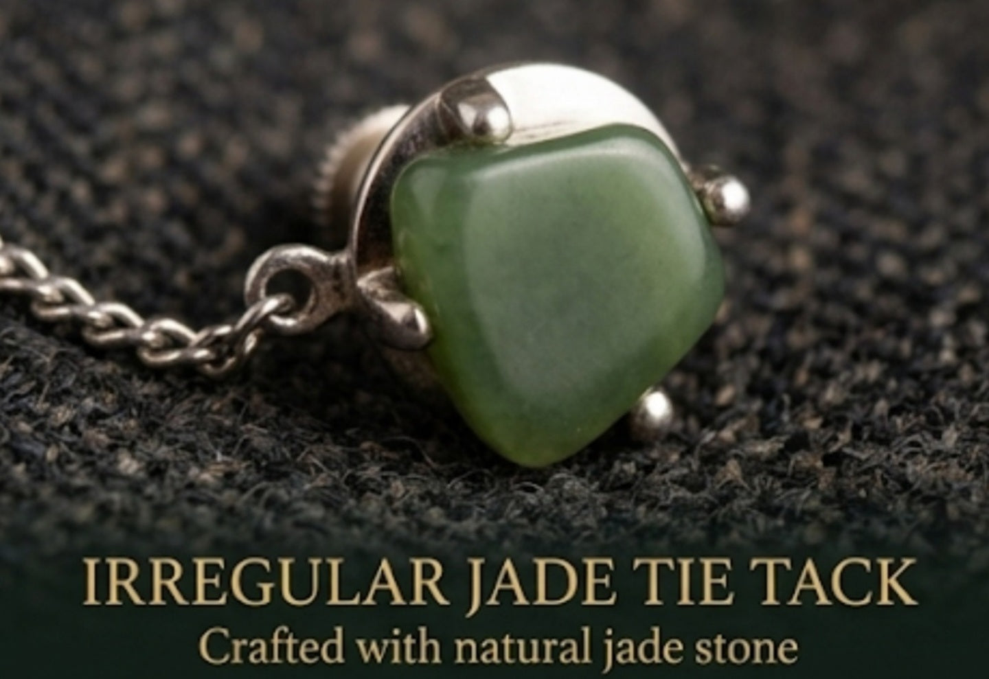 Vintage Natural Jade Tie Tack Pin | Silver-Tone Irregular Green Jadeite Lapel Pin with Safety Chain