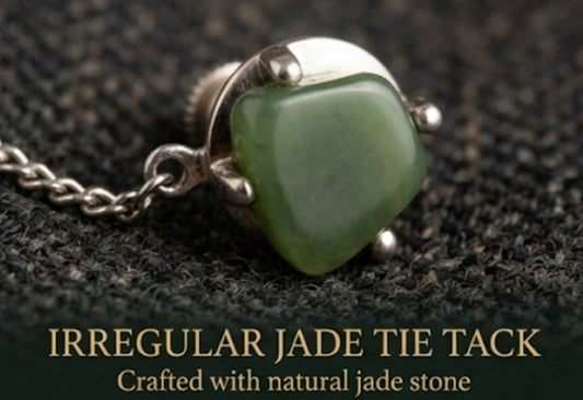 Vintage Natural Jade Tie Tack Pin | Silver-Tone Irregular Green Jadeite Lapel Pin with Safety Chain