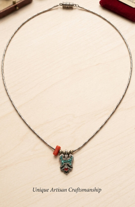 Vintage Southwestern Liquid Silver Thunderbird Necklace | Turquoise Inlay & Coral Bead Choker Magnetic Clasp