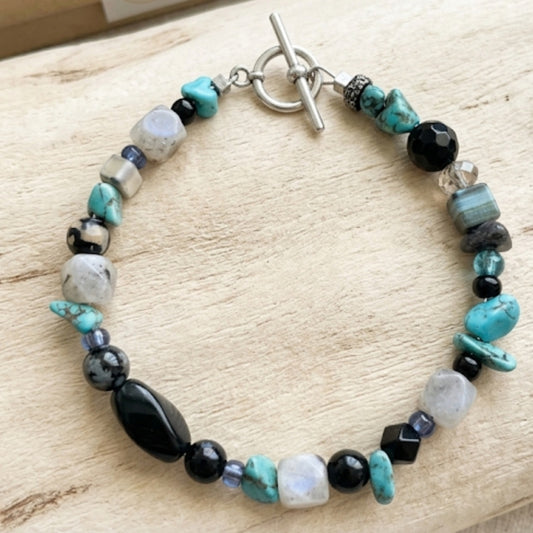 Natural Turquoise, Moonstone & Black Onyx Beaded Bracelet | Silver Toggle Clasp Artisan Gemstone Bracelet
