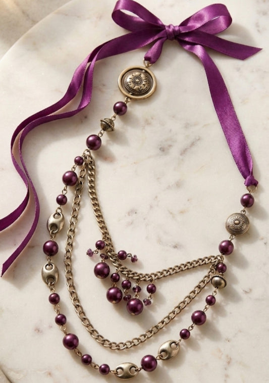 Vintage Victorian Style Multi-Strand Layered Statement Necklace | Plum Purple Faux Pearl, Bronze Chain & Satin Ribbon Choker