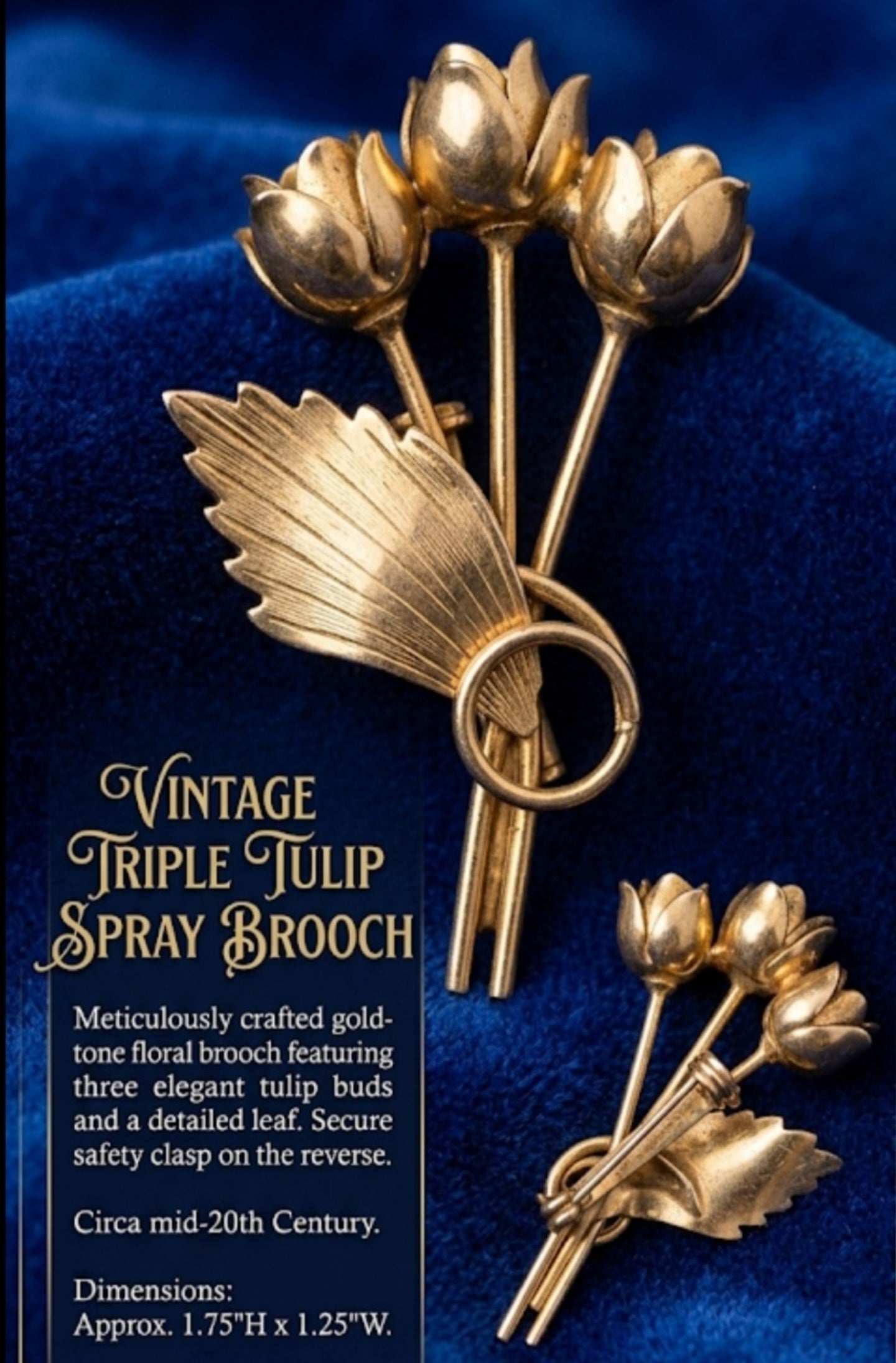 Vintage Triple Tulip Spray Brooch - Elegant Gold-Tone Floral Pin - Mid-Century Jewelry