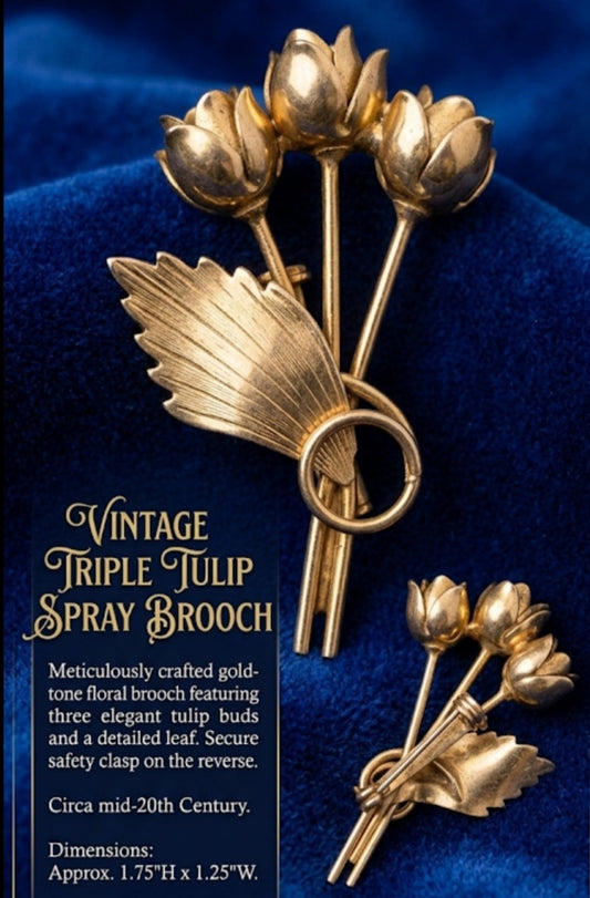 Vintage Triple Tulip Spray Brooch - Elegant Gold-Tone Floral Pin - Mid-Century Jewelry