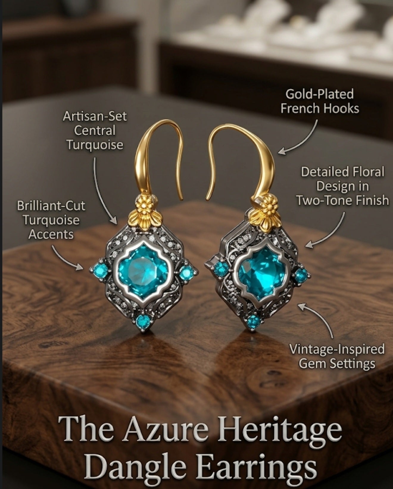 The Azure Heritage Dangle Earrings – Two-Tone Vintage-Inspired Statement Jewelry