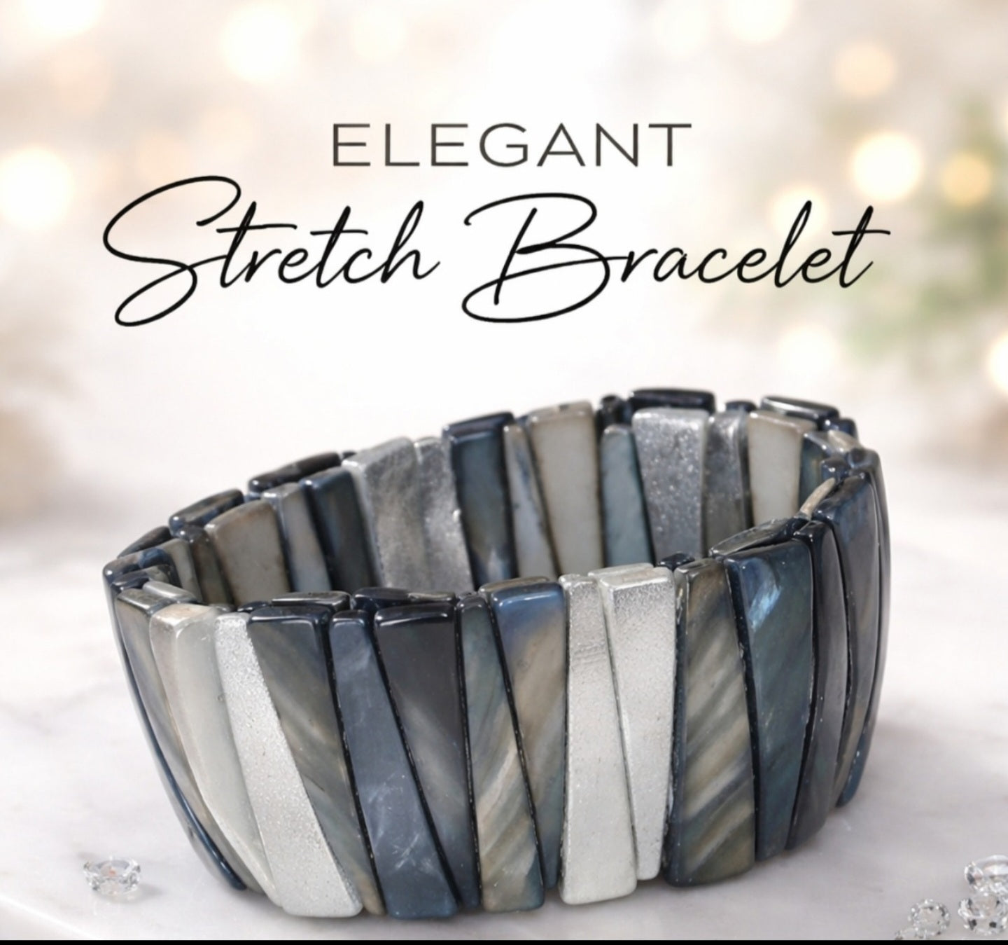 Elegant Slate & Silver Geometric Tile Stretch Bracelet – Modern Statement Piece