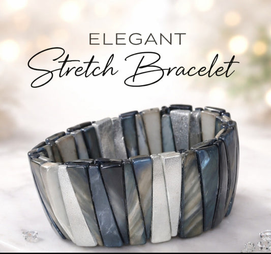 Elegant Slate & Silver Geometric Tile Stretch Bracelet – Modern Statement Piece