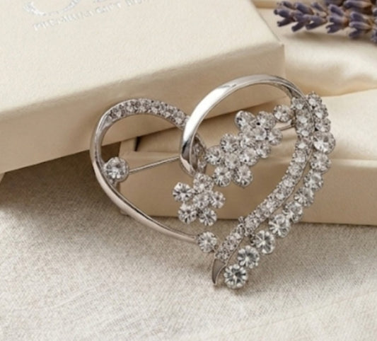 Elegant Silver-Tone Crystal Heart and Flower Brooch Pin
