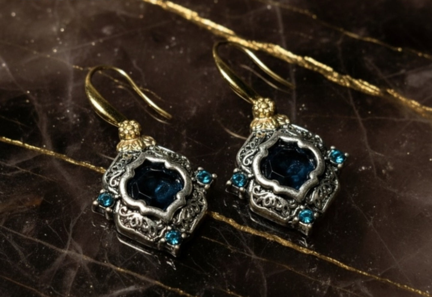 The Azure Heritage Dangle Earrings – Two-Tone Vintage-Inspired Statement Jewelry